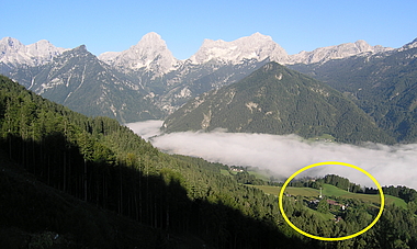 zeigt das Anwesen Sturmgut bei Morgennebel